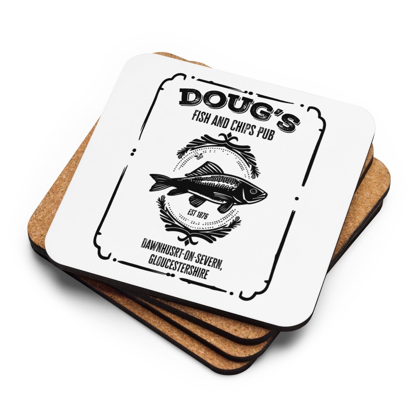 Doug's Fish and Chips Pub Cork-backed Coasters